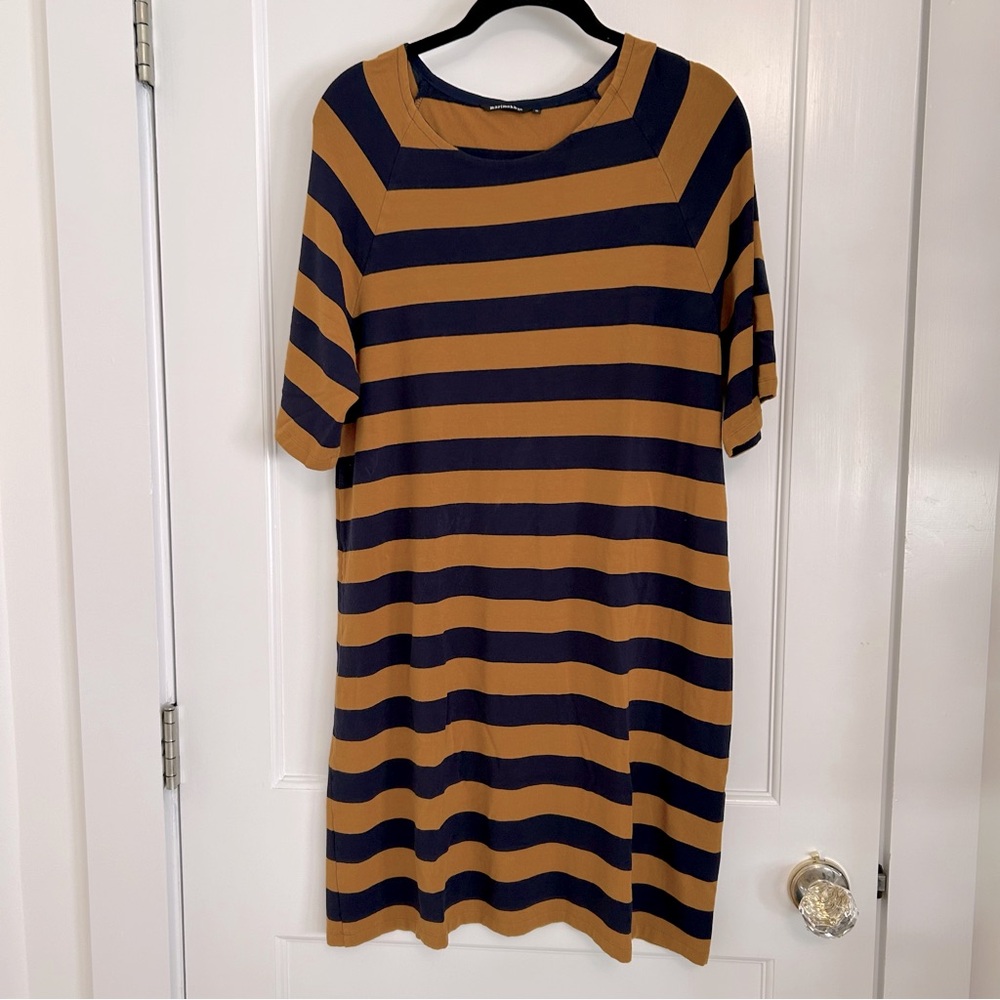 Marimekko Women's Yellow Navy Blue Striped Knit Dress Size Medium